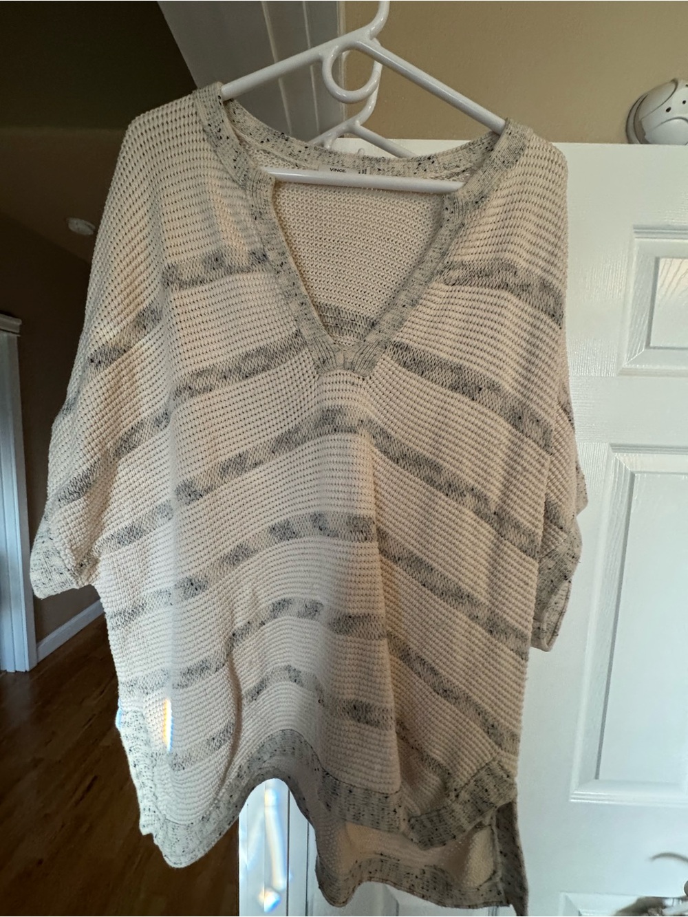 Vince Cream Striped V-Neck Sweater Tunic with Gray Accents M/L